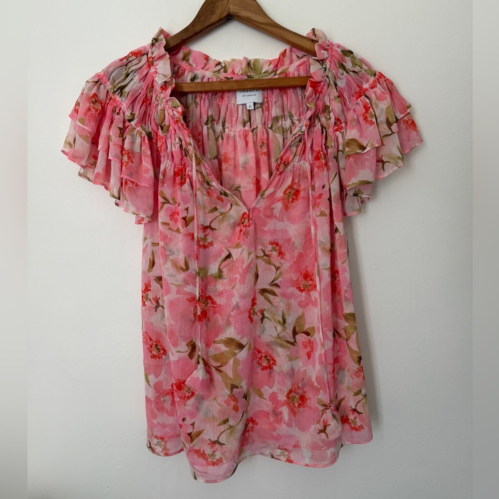 Misa Los Angeles Pink Floral Ruffled Blouse